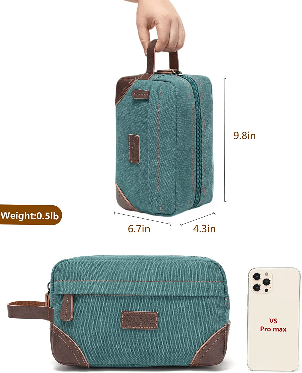 Wogarl Toiletry Bag for Men， Leather and Canvas Travel Toiletry Bag Dopp Kit Shaving Bag for Travel Accessories (Army Green) - Image 3